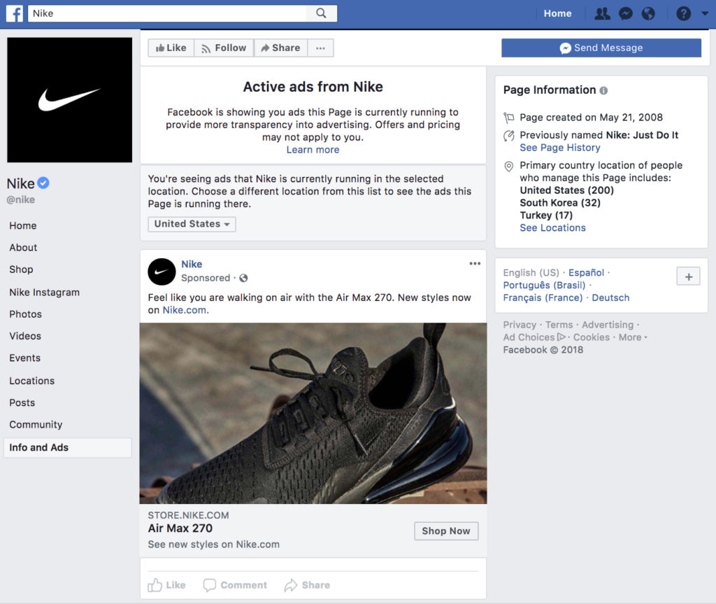 Photo of Nike's Facebook Info and Ads Section
