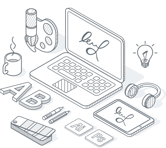Illustration of a laptop showing a logo design, lettering, Adobe CS logos, and other design related objects