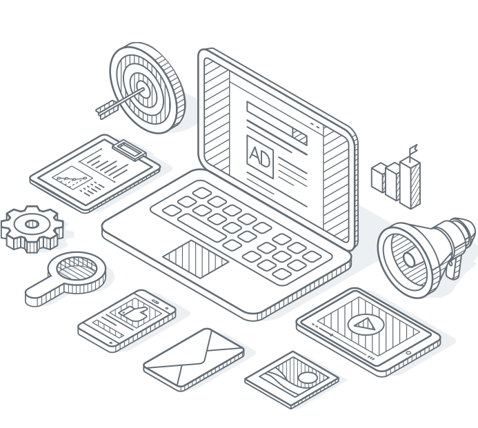 Illustration of a laptop showing an advertisement, and other digital-related objects