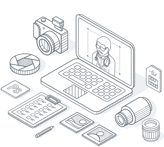 Illustration of a laptop, camera, lenses, and photography-related objects