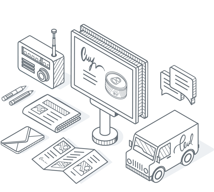 Illustration of radio, billboard, and other print media-related objects